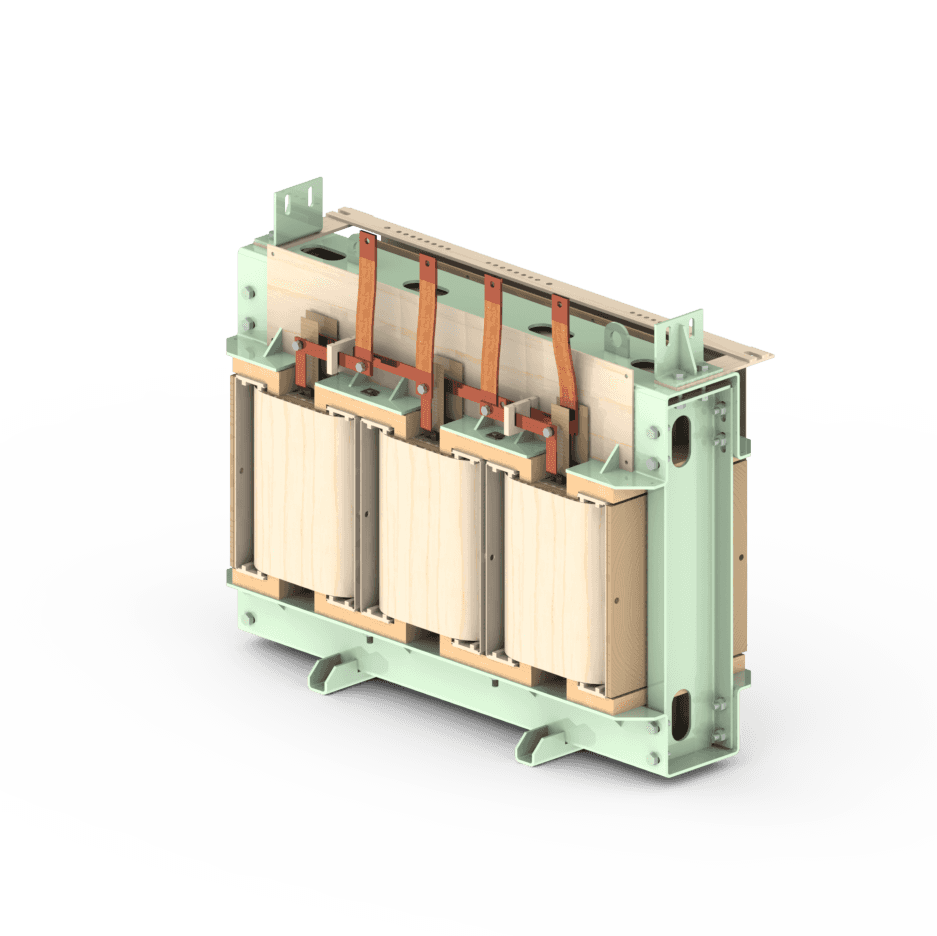 3D model of the amorphous core transformer assembly.